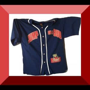 BUDWEISER PROMO
Baseball Jersey
Size Large
Vintage
Mid-90s 

“Jump On A Bud”